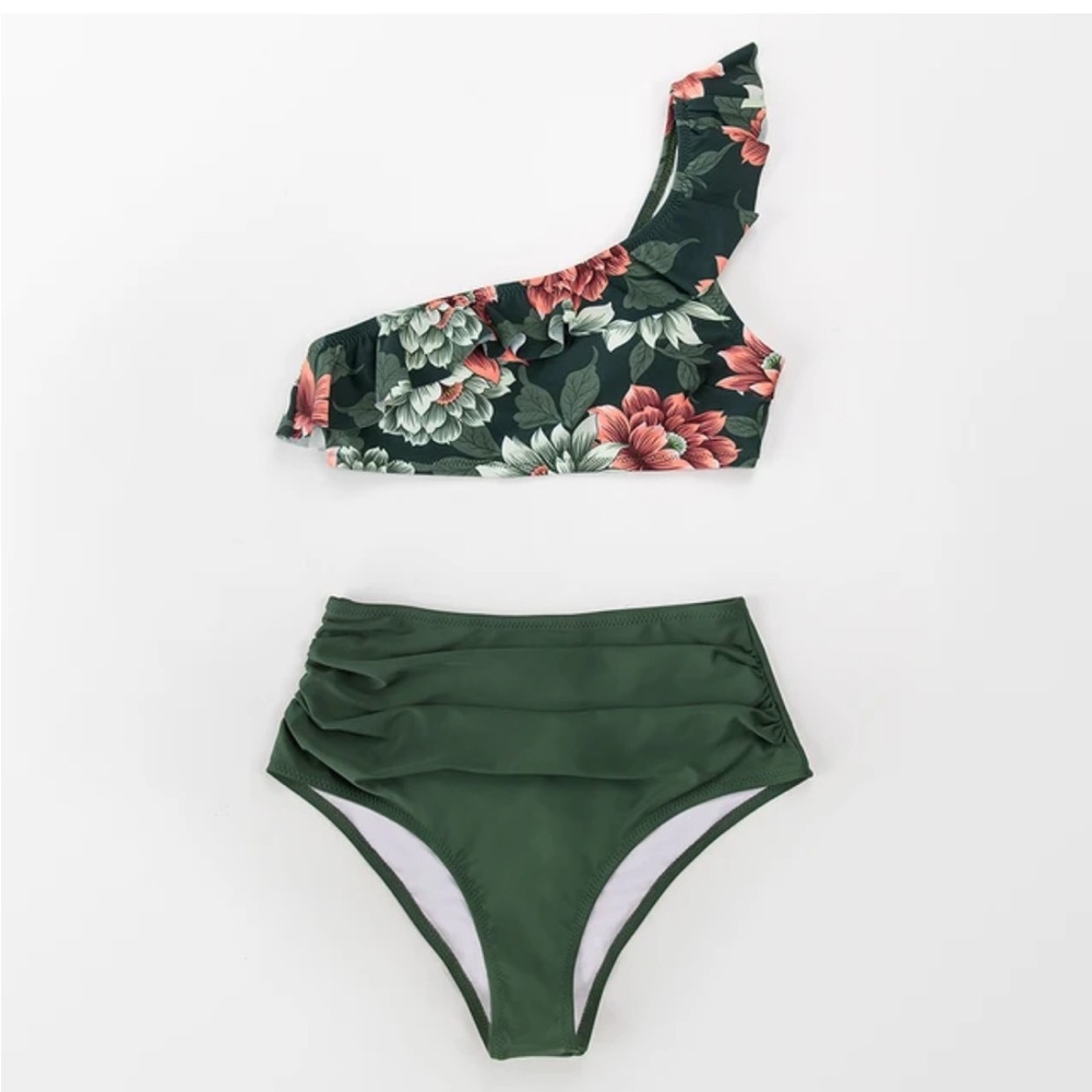 Cupshe M Green Floral One-shoulder Bikini
